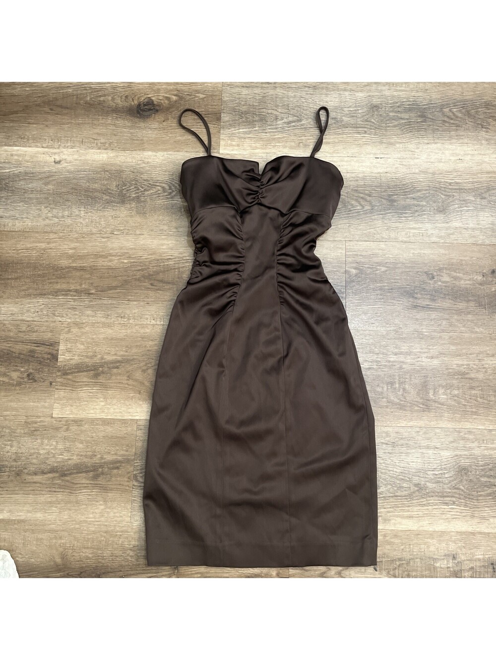 Women's Brown Solid Sweetheart Spaghetti Strap Knee Length Sheath Dress